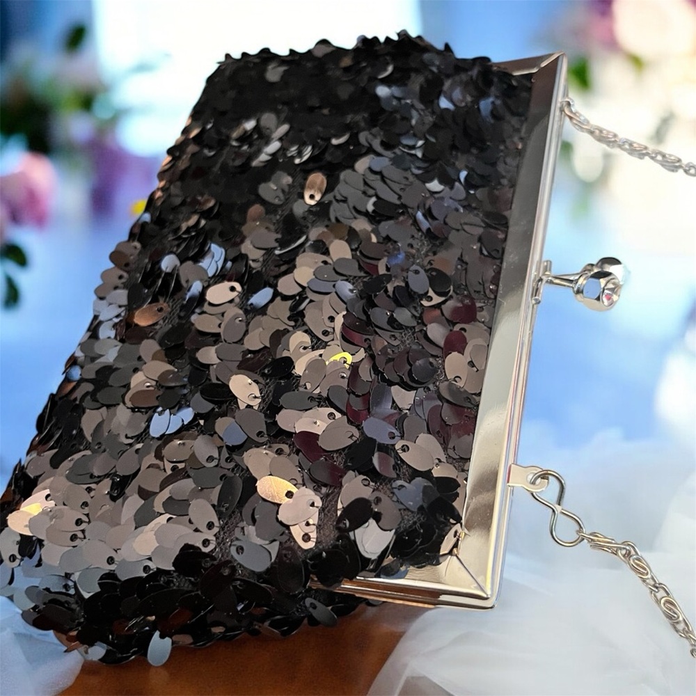 Jessica McClintock Black Sequin Frame Clutch with Silver Trim
